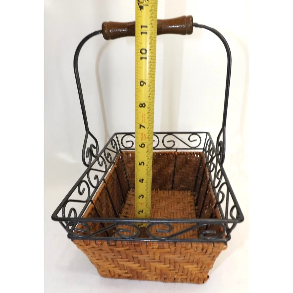 Scrollwork Metal & Woven Wicker Handle Basket - 7x11 x 5